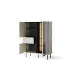 Light grey display cabinet with hinged doors and partial glass panel, open shelves inside