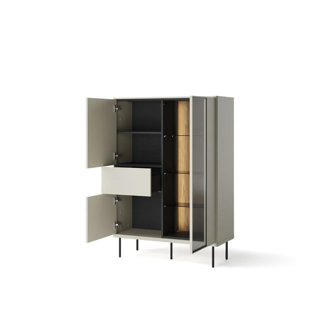 Light grey display cabinet with hinged doors and partial glass panel, open shelves inside