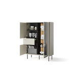 Light grey display cabinet with open hinged doors, partial glass panel, stacked interior shelves