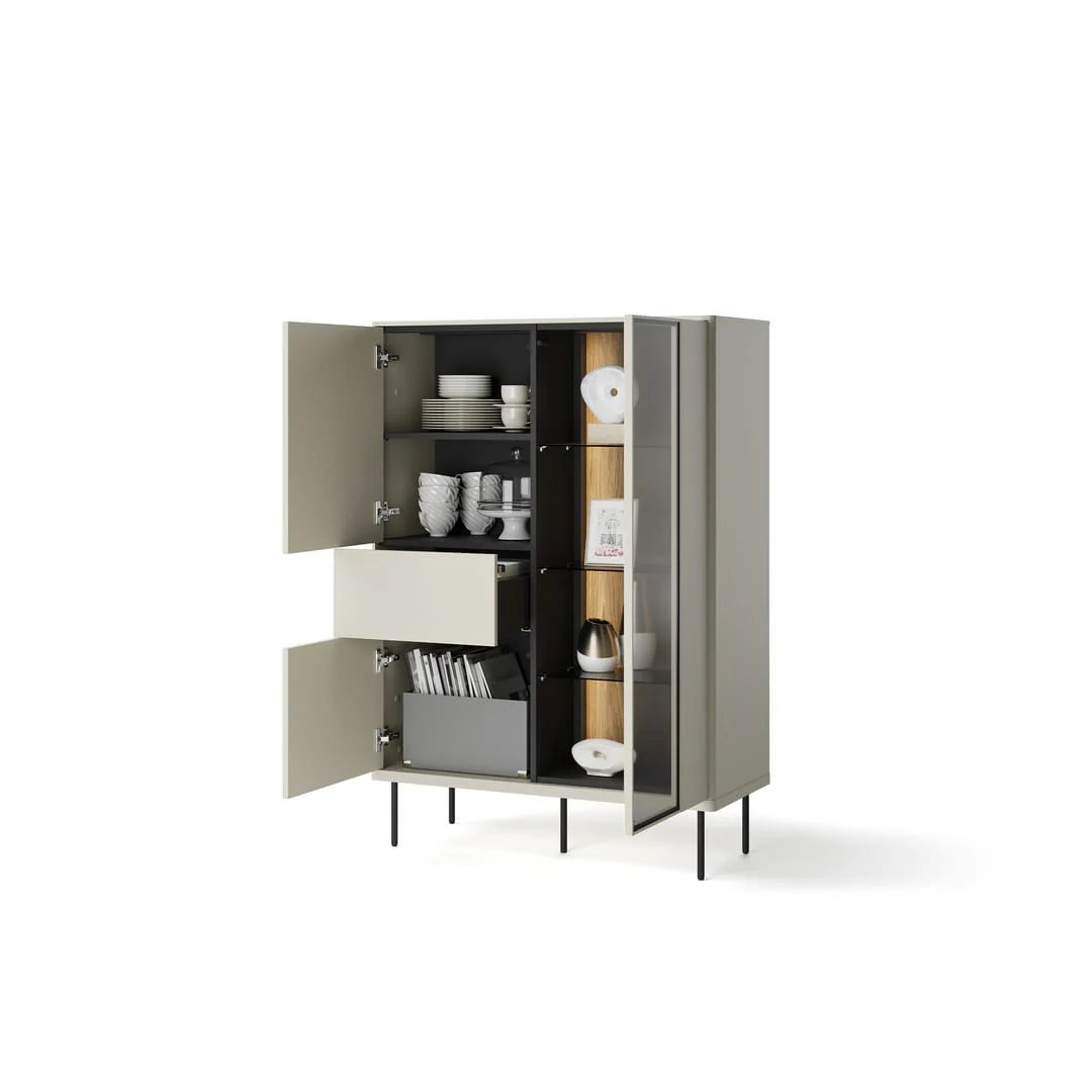 Light grey display cabinet with open hinged doors, partial glass panel, stacked interior shelves