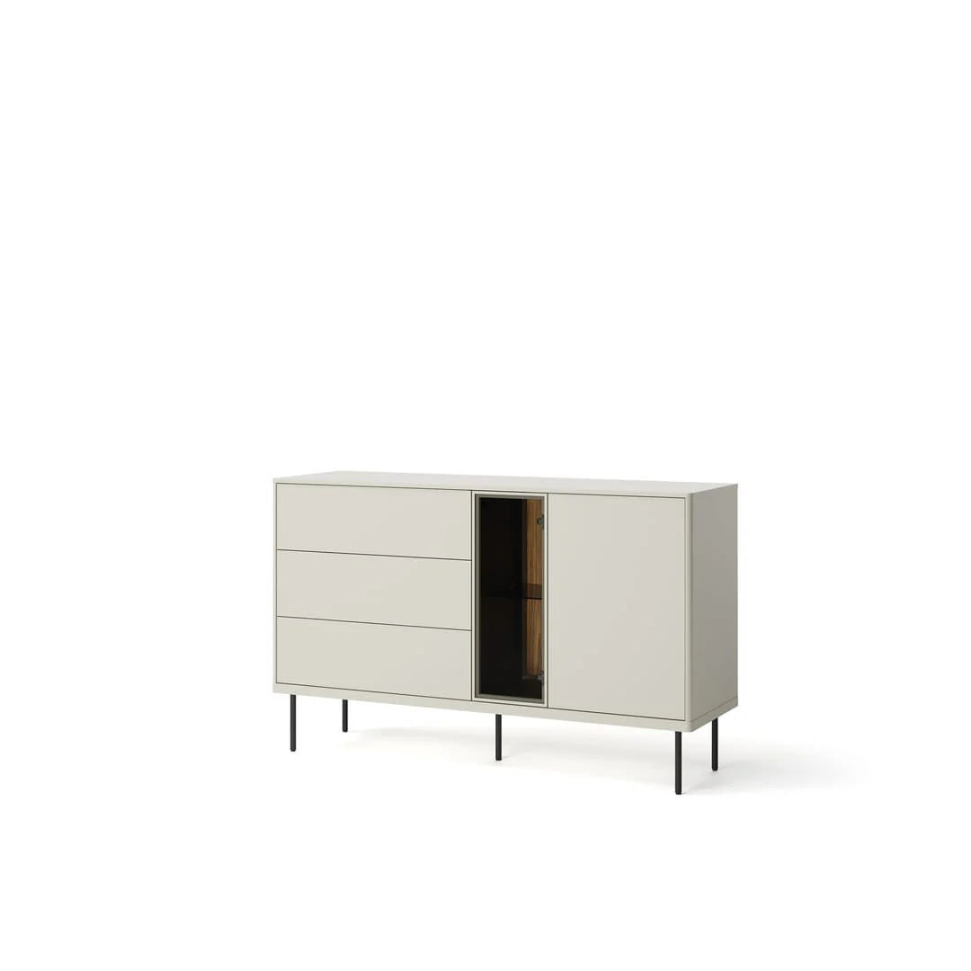 Short sideboard in light gray with two drawers and a central glass-front cabinet