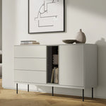 Light gray sideboard with multiple drawers and open book storage compartment