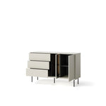 Short sideboard with light gray drawers and open shelf compartments on both sides