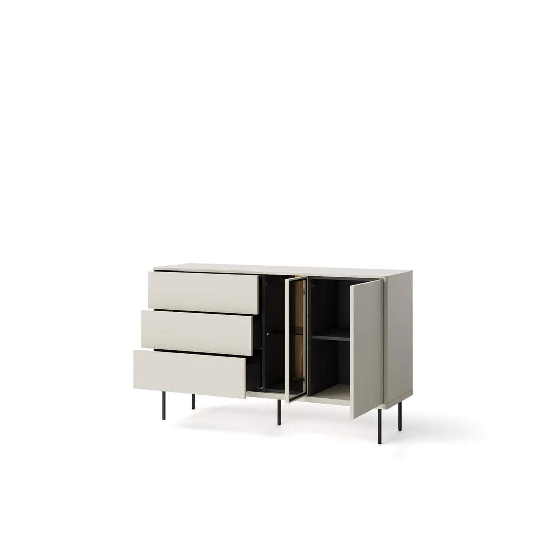 Short sideboard with light gray drawers and open shelf compartments on both sides