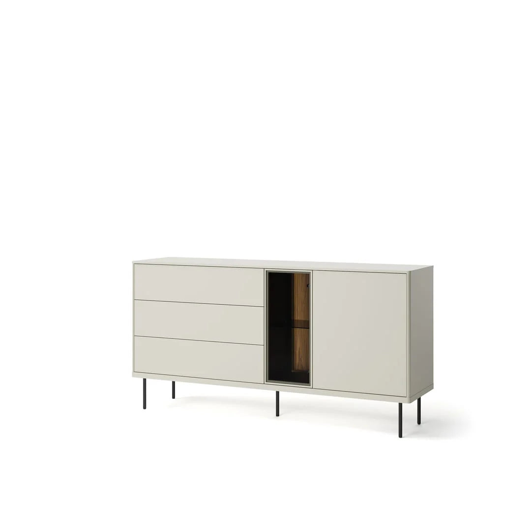 Medium sideboard with two drawers, glass cabinet door, and open shelves