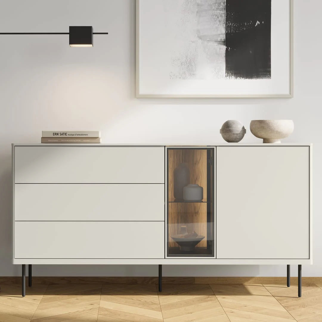 Medium sideboard with wide drawers and a central glass-front display