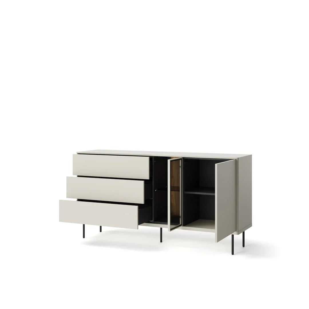 Medium sideboard with three open compartments and side-by-side drawers