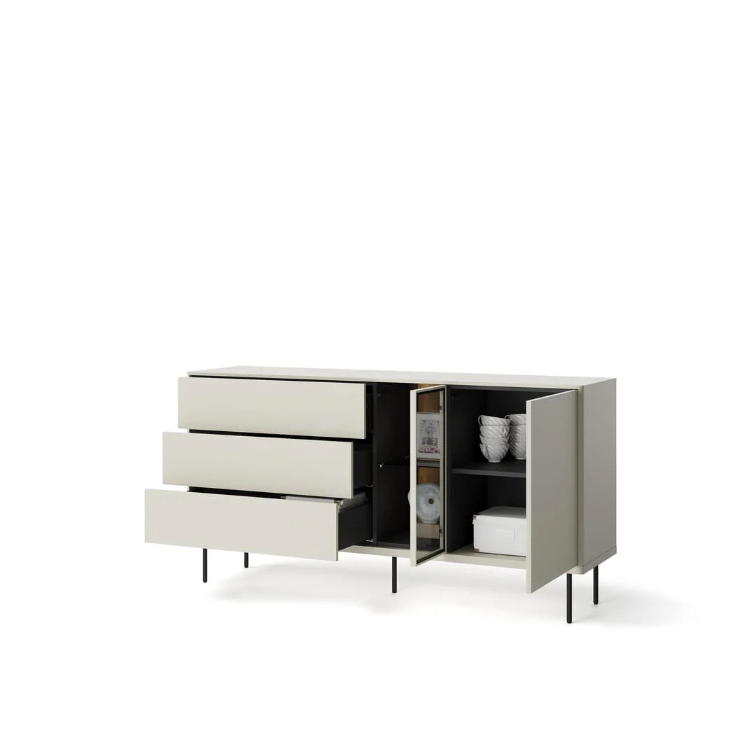 Medium sideboard with open shelves, central cabinet door, and stacked drawers