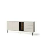 Long sideboard with center door open, showing dark interior; light gray with thin legs