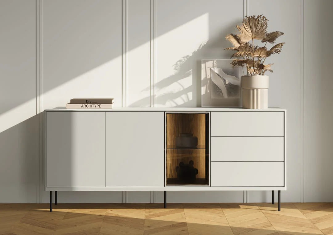 Long sideboard with open center niche, two doors, and lower drawers; light gray finish