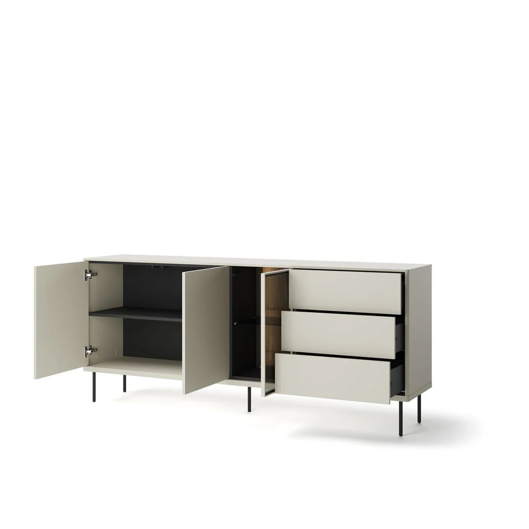 Long sideboard with left open cabinets and right drawers; light gray exterior, black interior