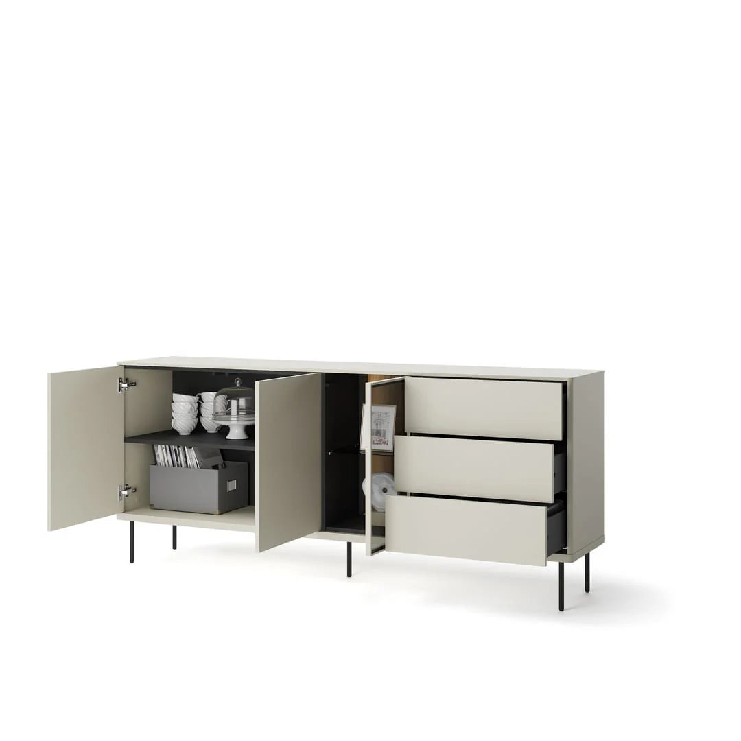 Long sideboard with open left shelves and drawer unit; light gray exterior with stored items