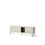 Short TV cabinet with glass-front media shelf, drawers, and black metal legs
