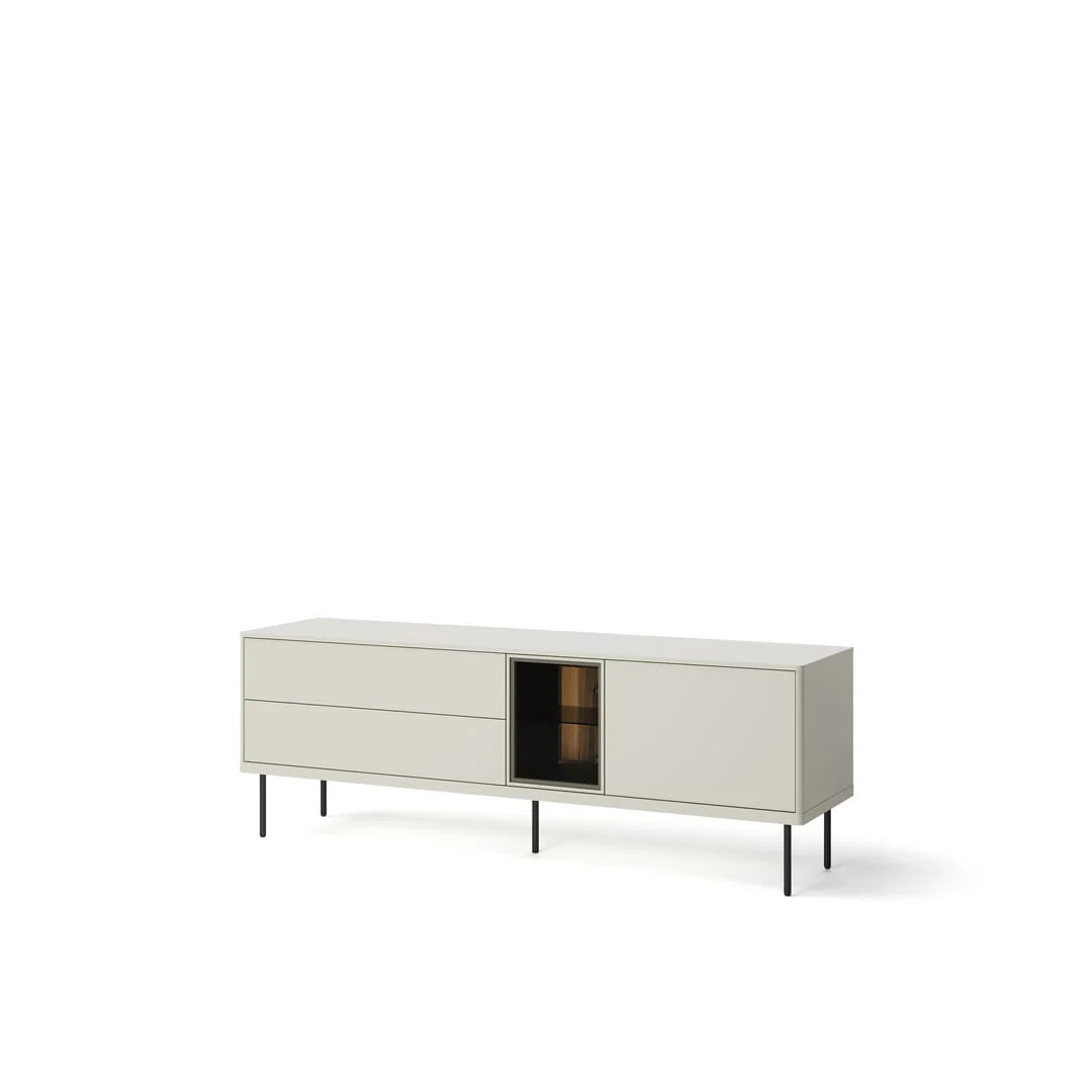 Short TV cabinet with glass-front media shelf, drawers, and black metal legs