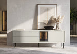 Short TV cabinet with glass door, two drawers, and black metal legs