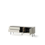 Low TV cabinet with open center shelves, pull-out drawer, and black legs