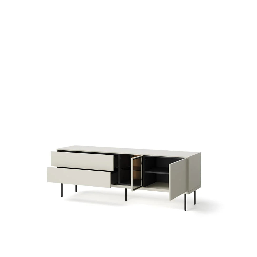 Low TV cabinet with open center shelves, pull-out drawer, and black legs