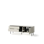 Low TV cabinet with open shelves, sliding drawer, and black metal legs