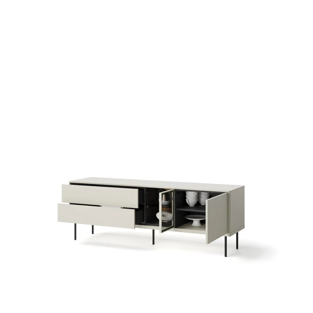 Low TV cabinet with open shelves, sliding drawer, and black metal legs