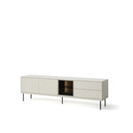 Long TV cabinet with central open shelf, two side doors, light gray finish and legs