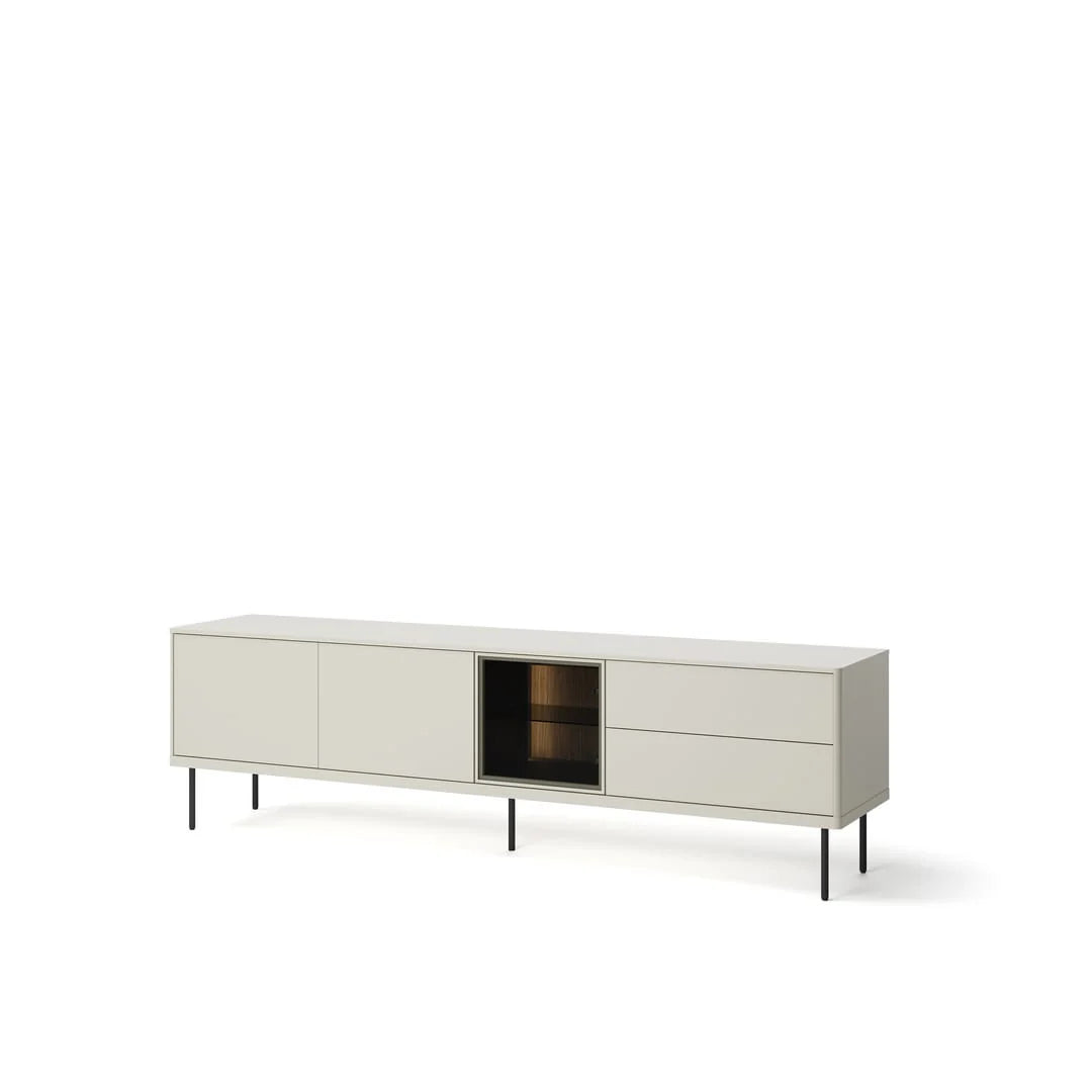 Long TV cabinet with central open shelf, two side doors, light gray finish and legs