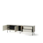 Long TV cabinet with open storage compartments and shelves, light gray with black legs