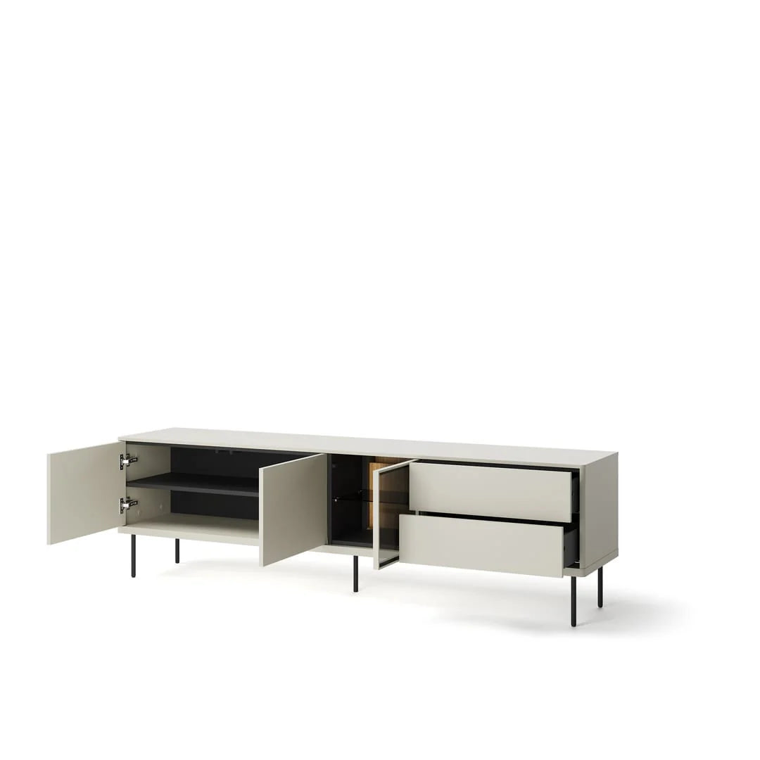 Long TV cabinet with open storage compartments and shelves, light gray with black legs