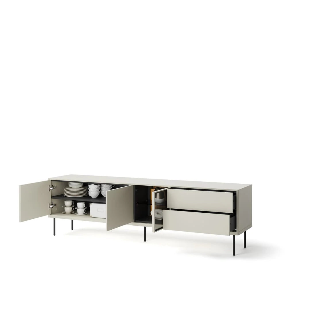 Long TV cabinet with open shelves and compartment doors, light gray, black metal legs