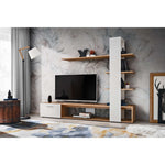 Black and light-wood media wall unit with TV stand, shelves, and open storage
