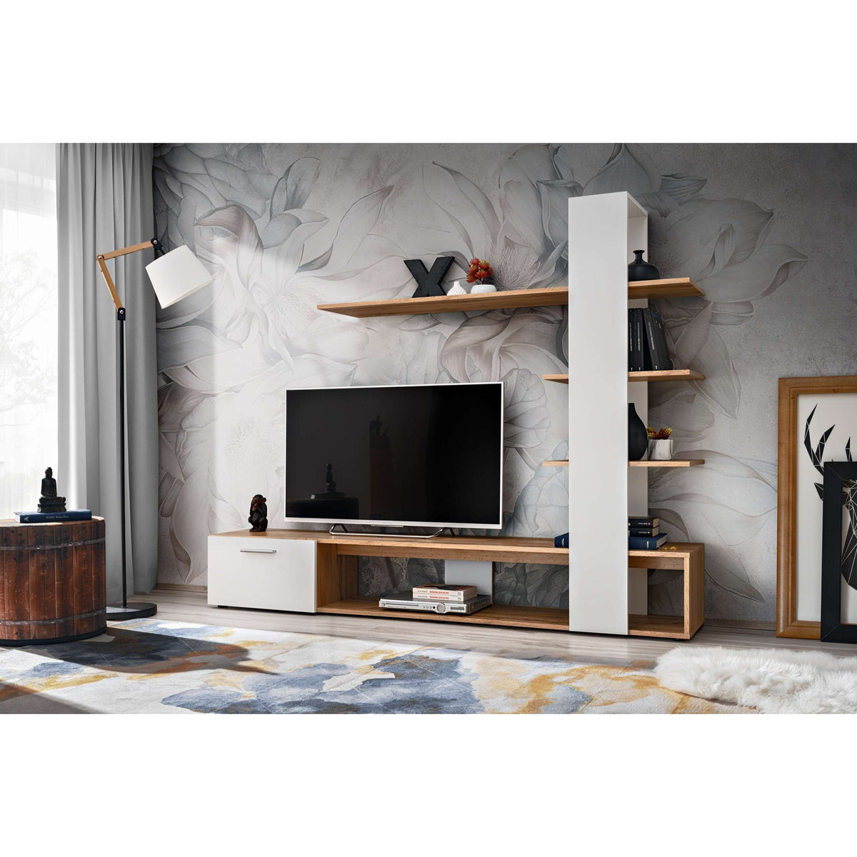 Black and light-wood media wall unit with TV stand, shelves, and open storage