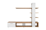 White and light-wood wall media unit with side cabinet, open shelves, and tall panel