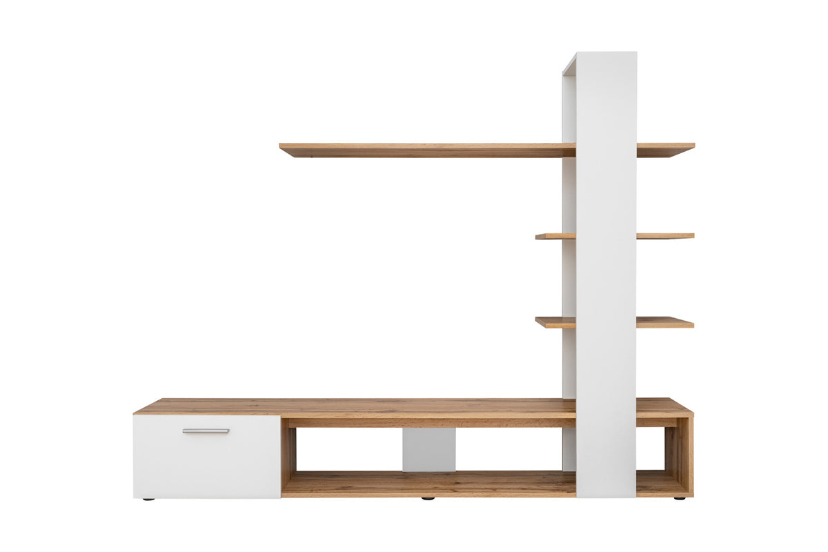 White and light-wood wall media unit with side cabinet, open shelves, and tall panel