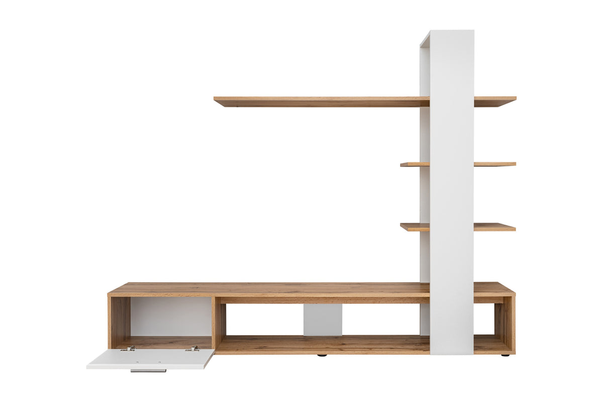 White media wall unit with open center shelves, side drawers, and tall vertical panel