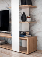 White and light-wood wall unit with open cubby shelves for decor and books