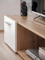 White and light-wood media wall base with drawer and open compartments