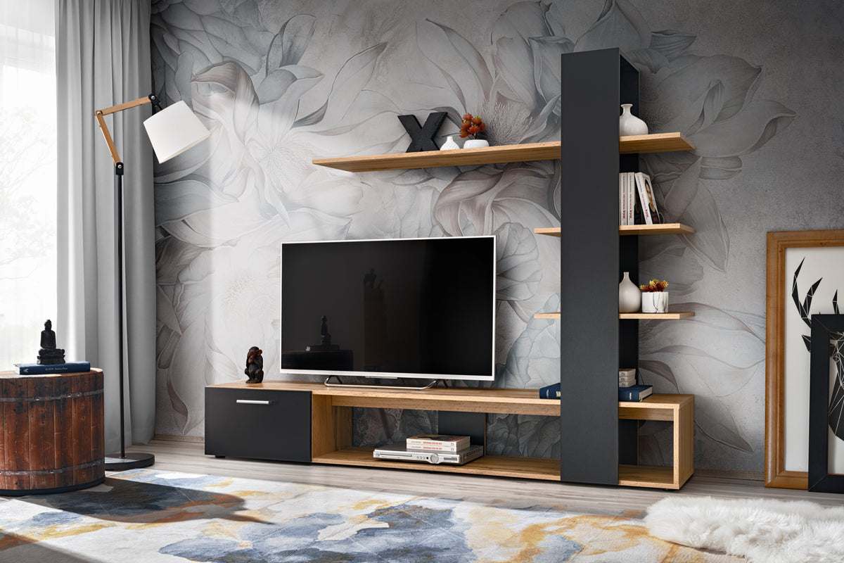 Black and light-wood TV media wall unit with shelves and storage cabinets