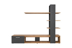 Black media wall unit with light-wood base shelf and drawers, tall vertical section