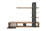 Black and light-wood media wall unit with open shelves and side cabinet