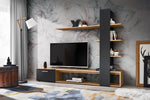 Black and wood wall unit with TV console, drawers, and side open shelving