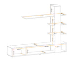 Wall unit installation diagram with dimensions, shelves, and storage compartments