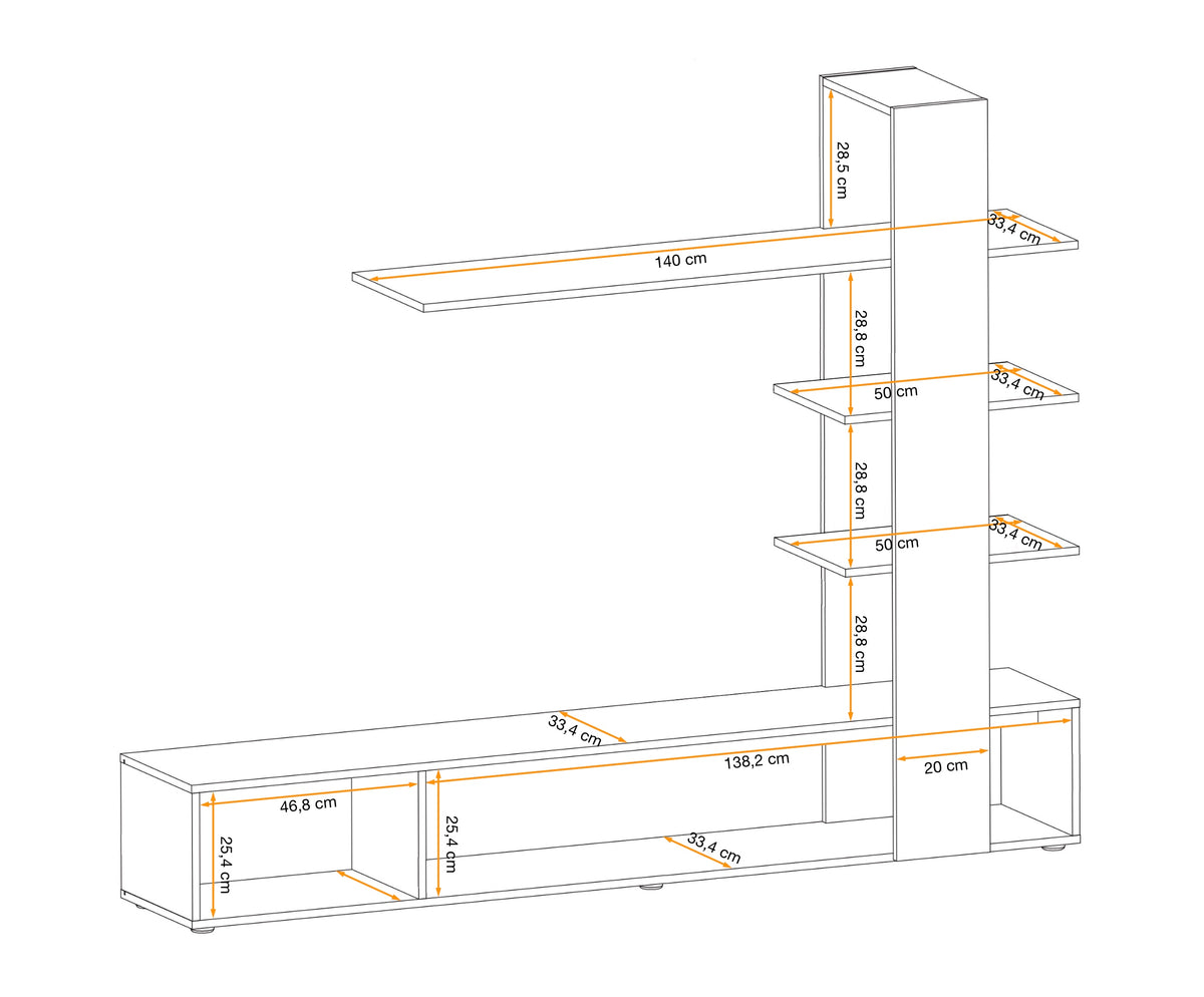 Wall unit installation diagram with dimensions, shelves, and storage compartments