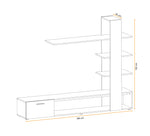 Wall unit layout with low drawer cabinet, long shelves, and tall column