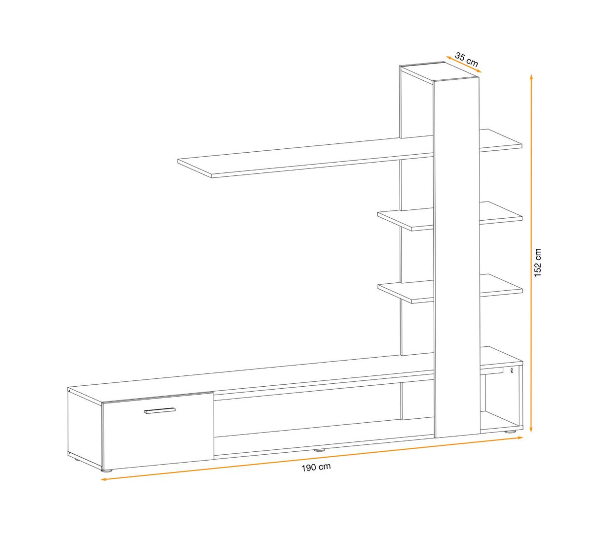 Wall unit layout with low drawer cabinet, long shelves, and tall column