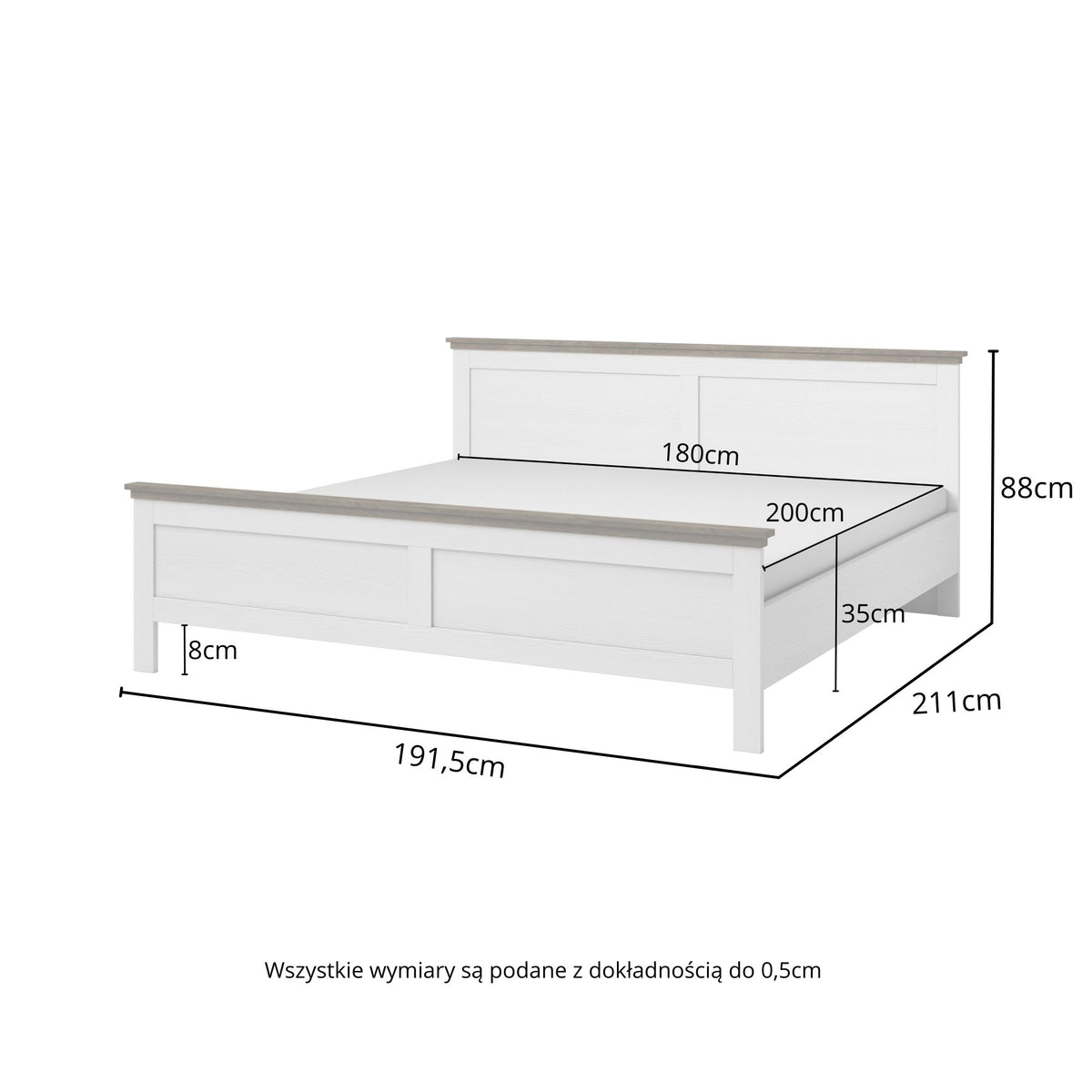 White bed frame with front drawer panel and side rails, dimensions labeled in cm