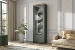 Dark gray display cabinet with wood top, glass door, and open shelves