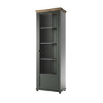 Dark gray standing display cabinet with wood top and front glass panel