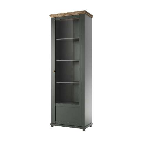 Dark gray standing display cabinet with wood top and front glass panel
