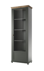 Tall left display cabinet with dark green frame panels and wood-look top, open shelving