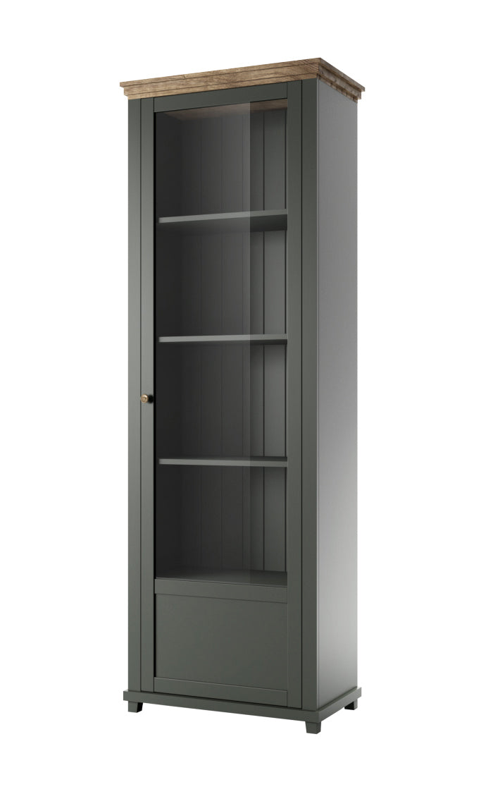 Tall left display cabinet with dark green frame panels and wood-look top, open shelving