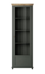 Dark gray display cabinet showing interior shelves behind glass door